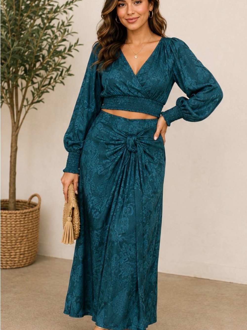 Band of The Free- Teal Jacquard Tie-Front Top & Maxi Skirt Set